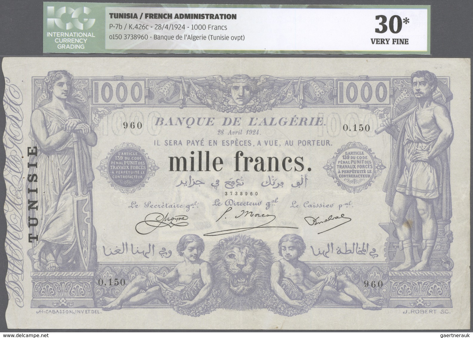 02501 Tunisia / Tunisien: 1000 Francs 1924 P. 7b, In Condition: ICG Graded 30* VF. - Tunisia