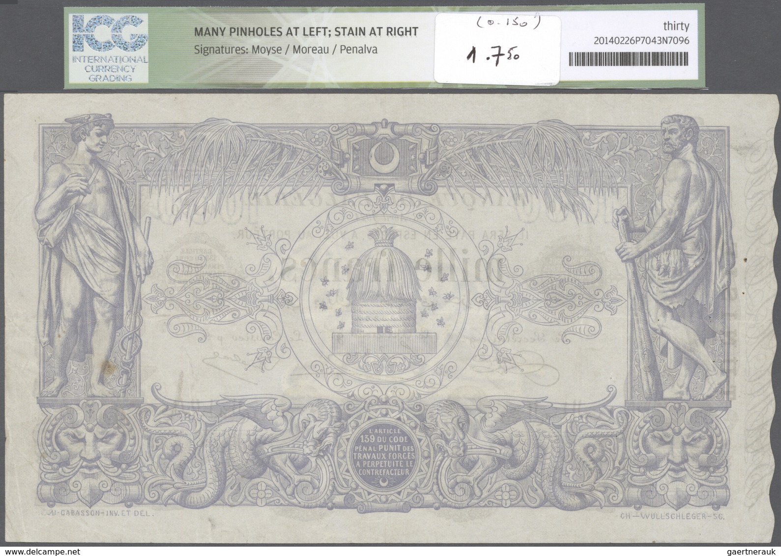 02501 Tunisia / Tunisien: 1000 Francs 1924 P. 7b, In Condition: ICG Graded 30* VF. - Tunisie