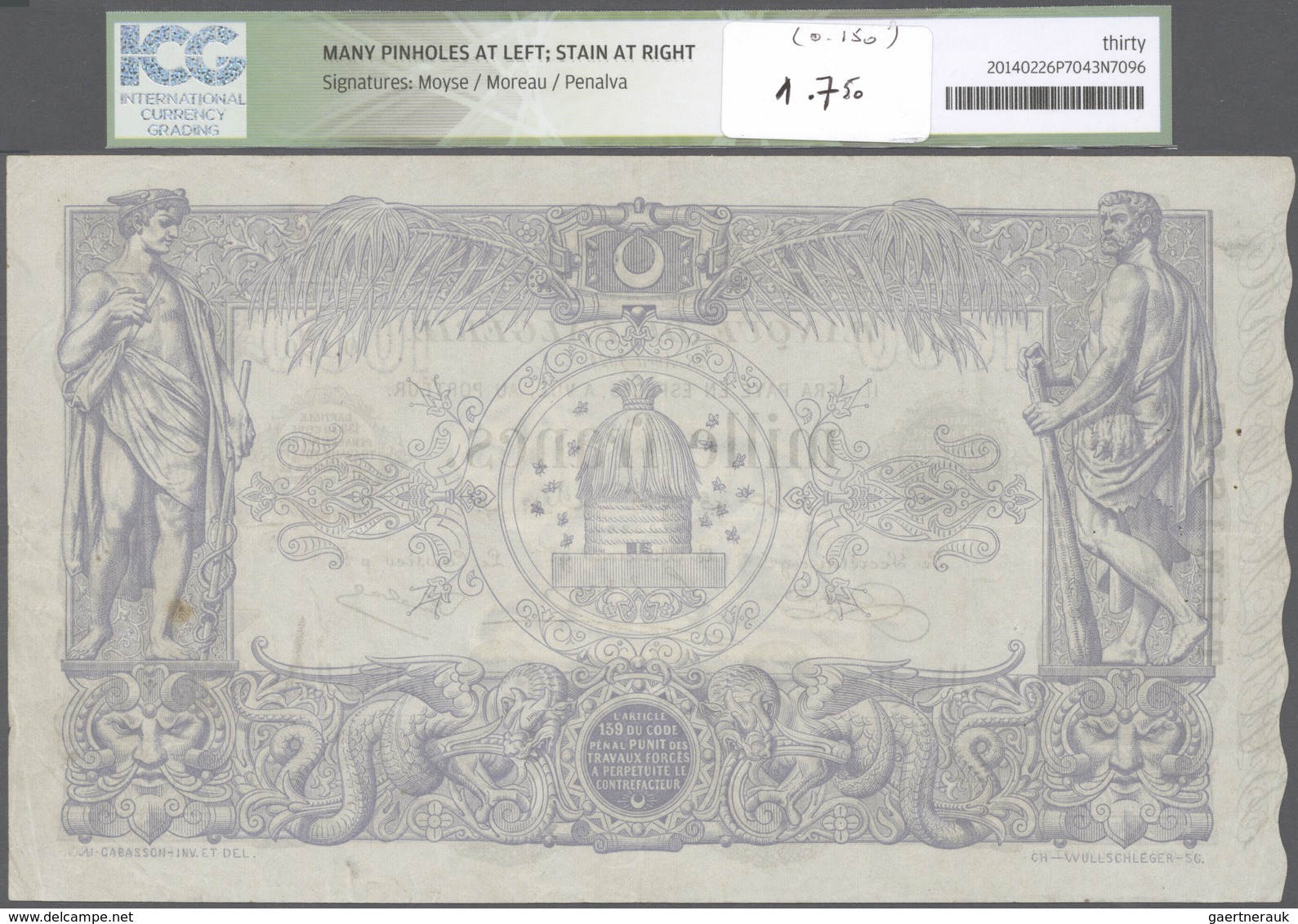 02501 Tunisia / Tunisien: 1000 Francs 1924 P. 7b, In Condition: ICG Graded 30* VF. - Tunisia