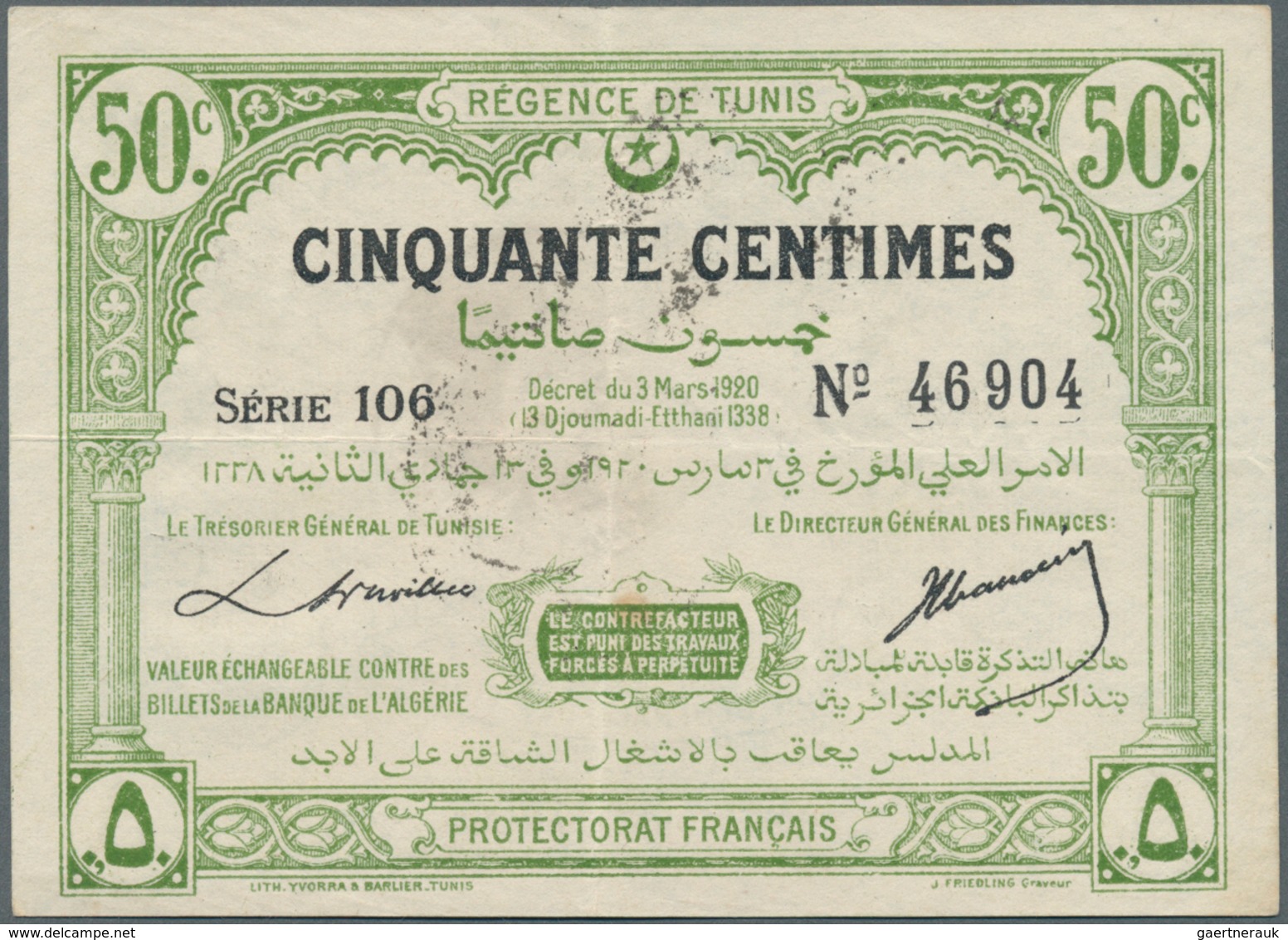 02503 Tunisia / Tunisien: 50 Centimes 1920 P. 48, Horizontal And Vertical Fold, Still Strong Paper And Nic - Tunisie