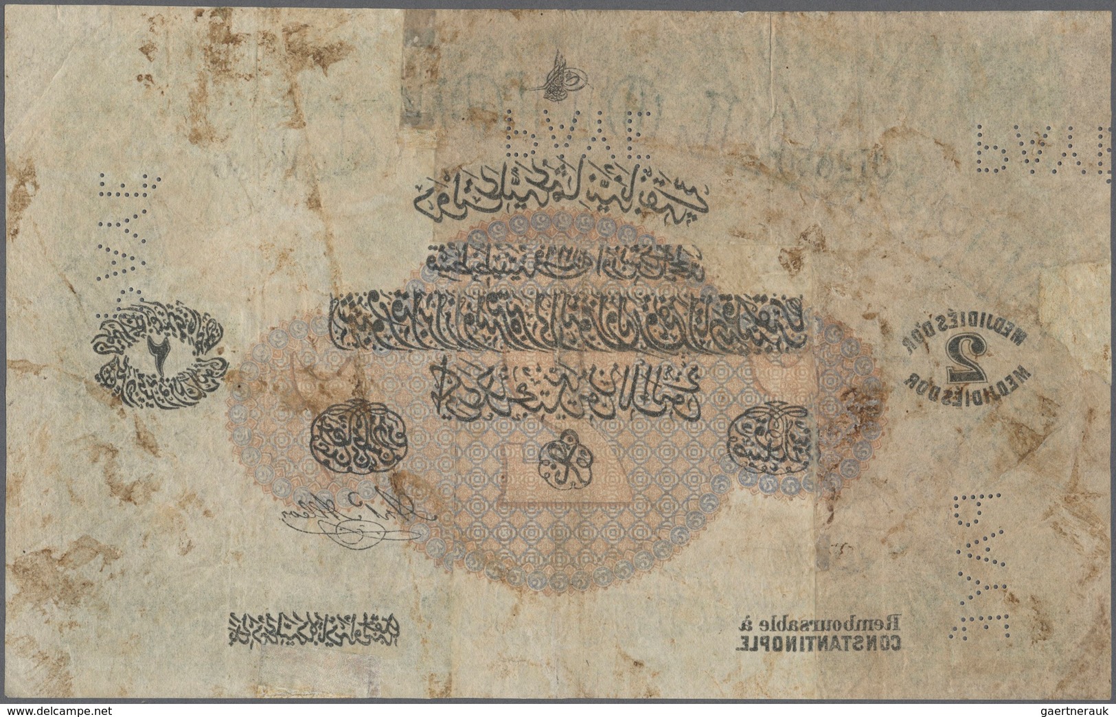 02512 Turkey / Türkei: 2 Medjidies D'Or 1869 P. 57c, Highly Rare Issue, Used With Lots Of Staining In Pape - Turquia