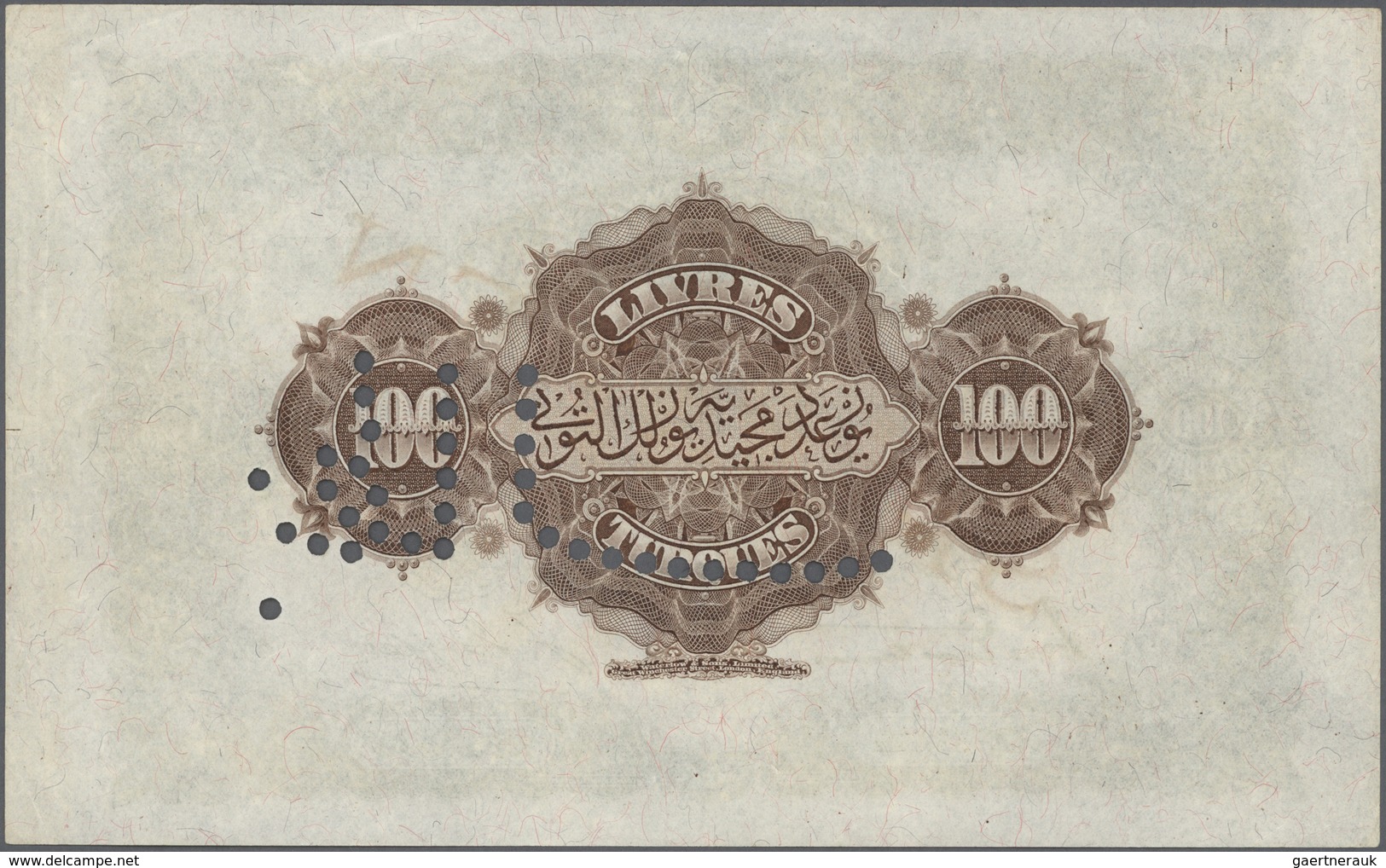 02513 Turkey / Türkei: 100 Livres AH1326 (1908), Tougra Of Sultan Abdul Hamid II, SPECIMEN Of Waterlow & S - Turkey