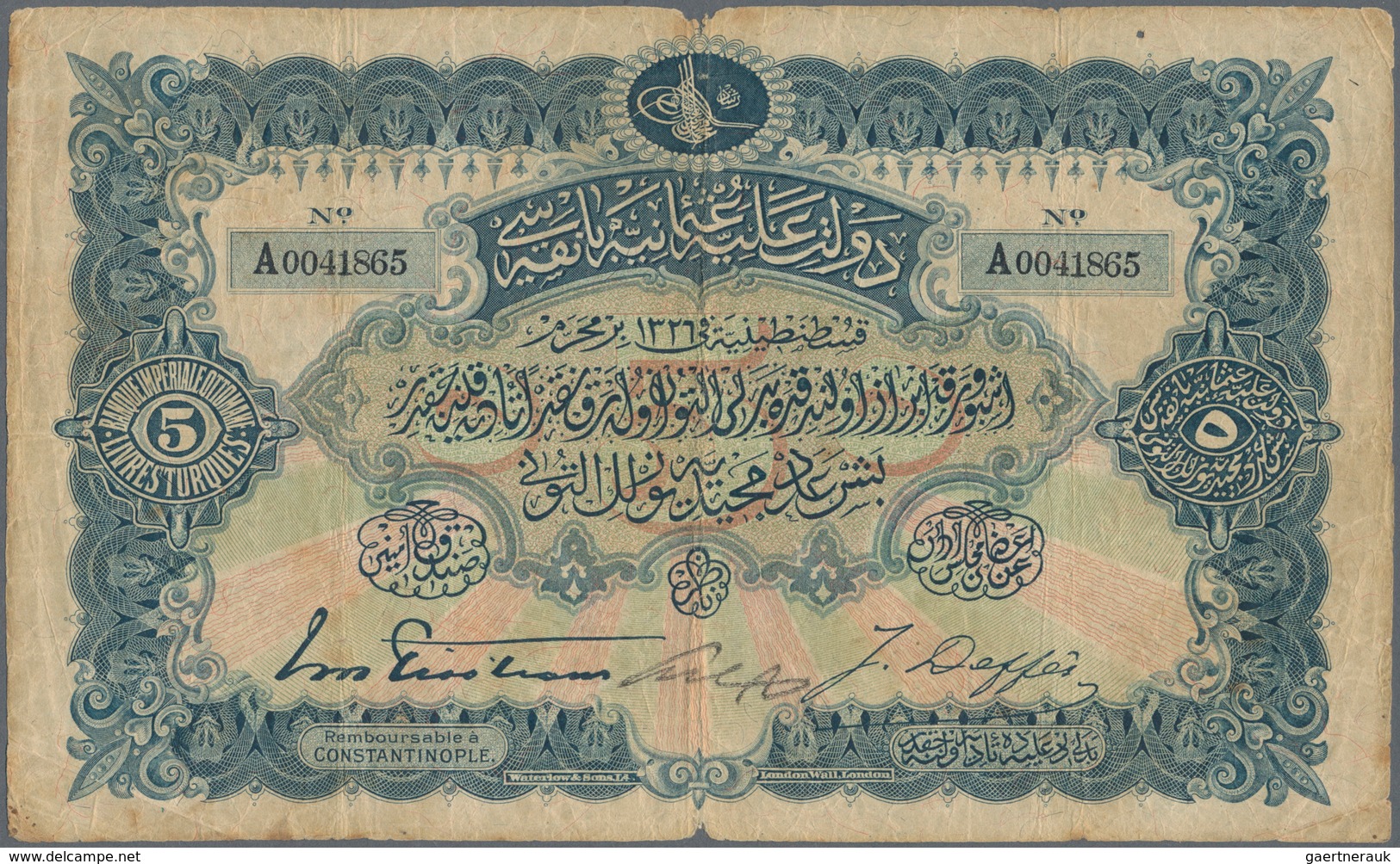 02514 Turkey / Türkei: Banque Impériale Ottomane 5 Livres Turques L.1326 (1909) With Toughra Of Muhammad V - Turkey