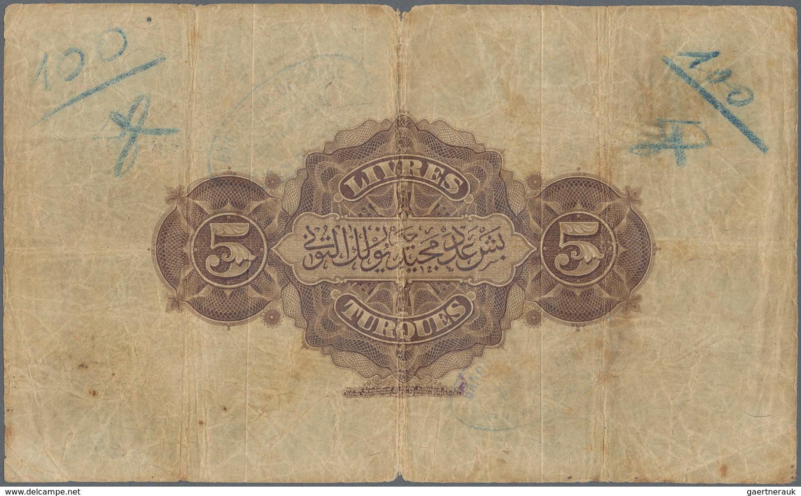 02514 Turkey / Türkei: Banque Impériale Ottomane 5 Livres Turques L.1326 (1909) With Toughra Of Muhammad V - Turchia