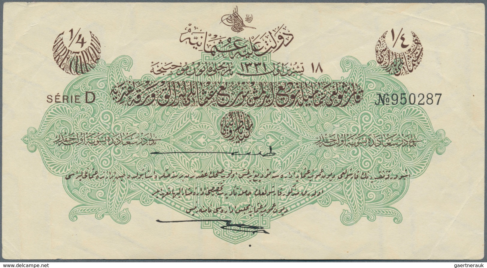 02516 Turkey / Türkei: 1/4 Livre L.1331 (1916), P.81, Vertically Folded And A Few Other Creases In The Pap - Turquia