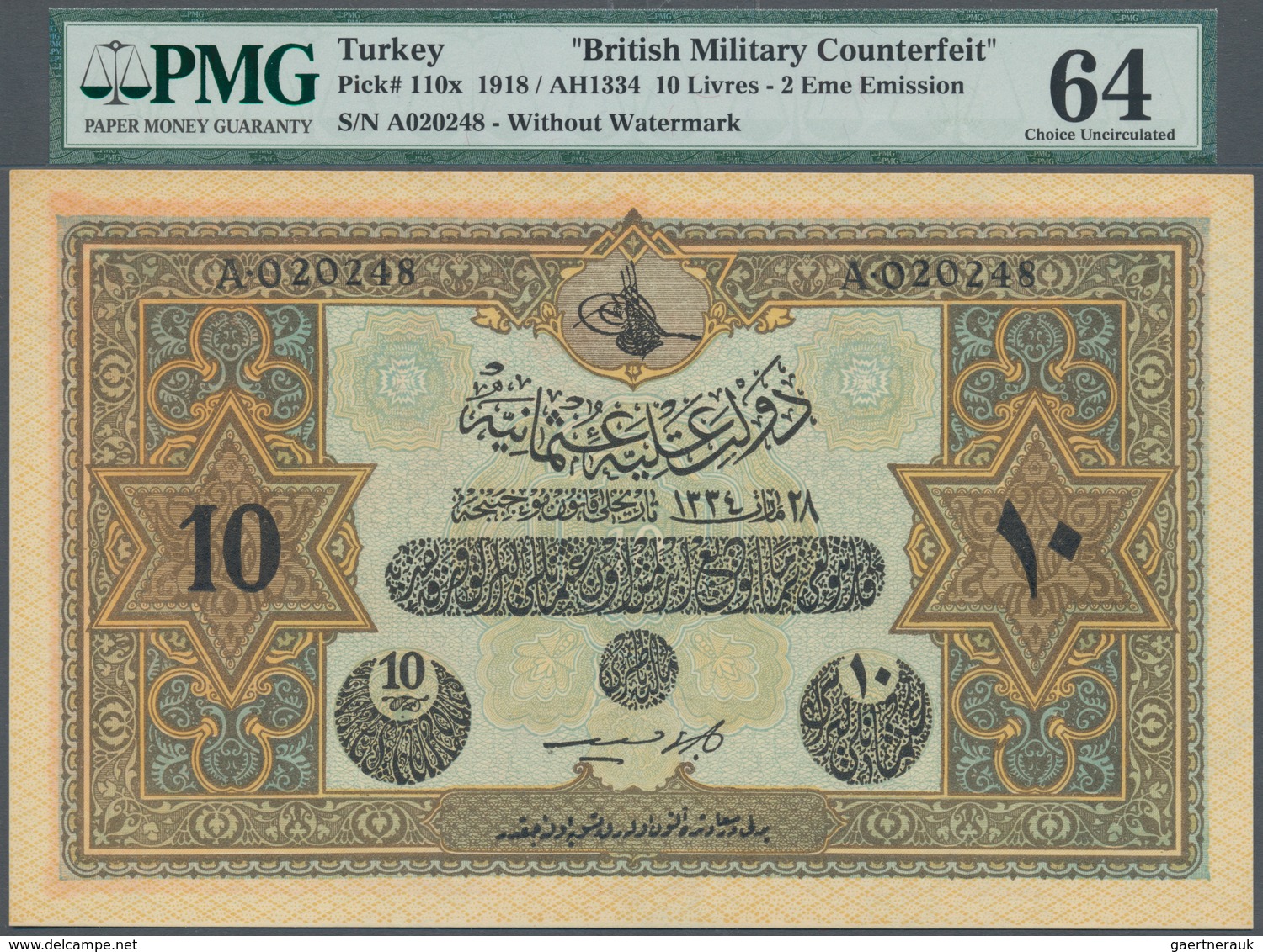 02523 Turkey / Türkei: 10 Livres - 2 Eme Emission AH1334 (1918) British Military Counterfeit, P.110x, PMG - Turkije