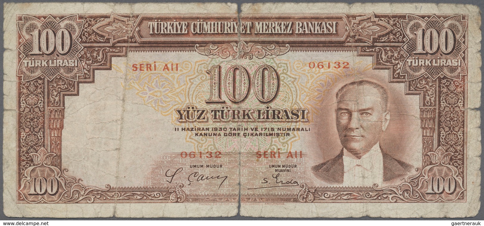02525 Turkey / Türkei: 100 Lira ND(1938) P. 130, Very Strong Used With A Very Strong Center Fold Causing A - Turchia
