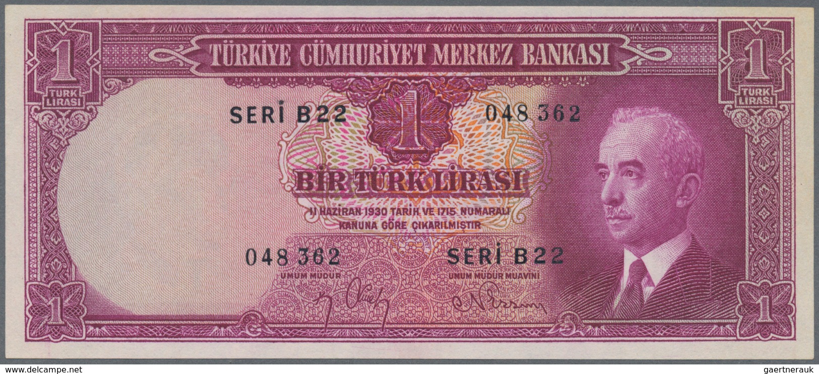 02530 Turkey / Türkei: 1 Lirasi L. 1930 (1940-1944) "?nönü" - Interim Issue, P.135 In Almost Perfect Condi - Turkey