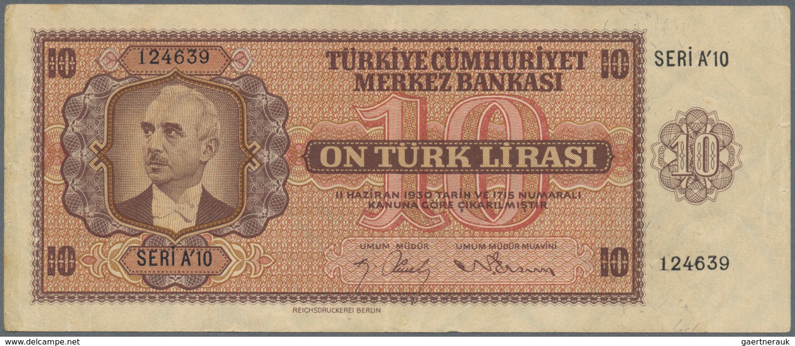 02531 Turkey / Türkei: 10 Lirasi L. 1930 (1942-1947) "?nönü" - 3rd Issue, P.141, Rare Banknote In Still Ni - Turchia