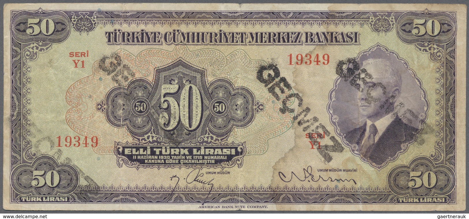 02532 Turkey / Türkei: 50 Lira ND(1942) P. 142a, 3 Stronger Vertical Folds, Stamped 3 Times On Front, No H - Turquia