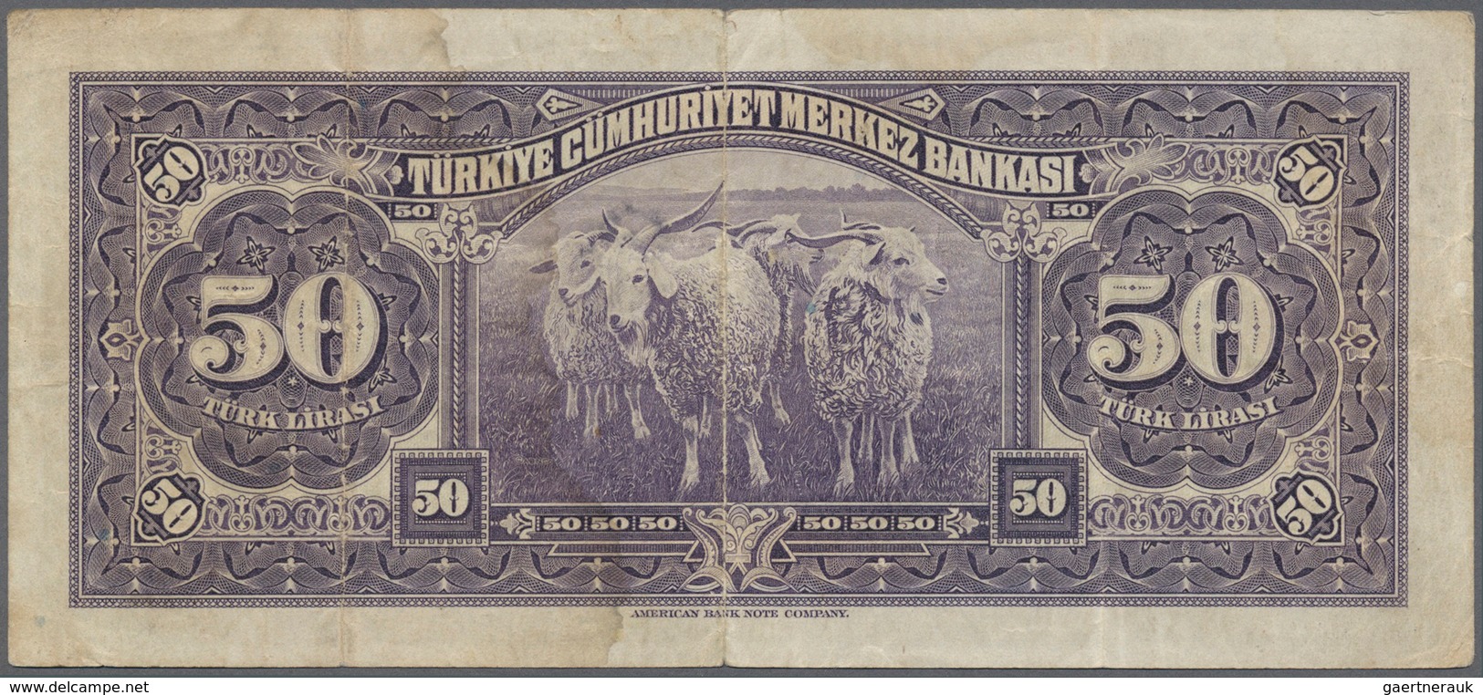 02532 Turkey / Türkei: 50 Lira ND(1942) P. 142a, 3 Stronger Vertical Folds, Stamped 3 Times On Front, No H - Turchia
