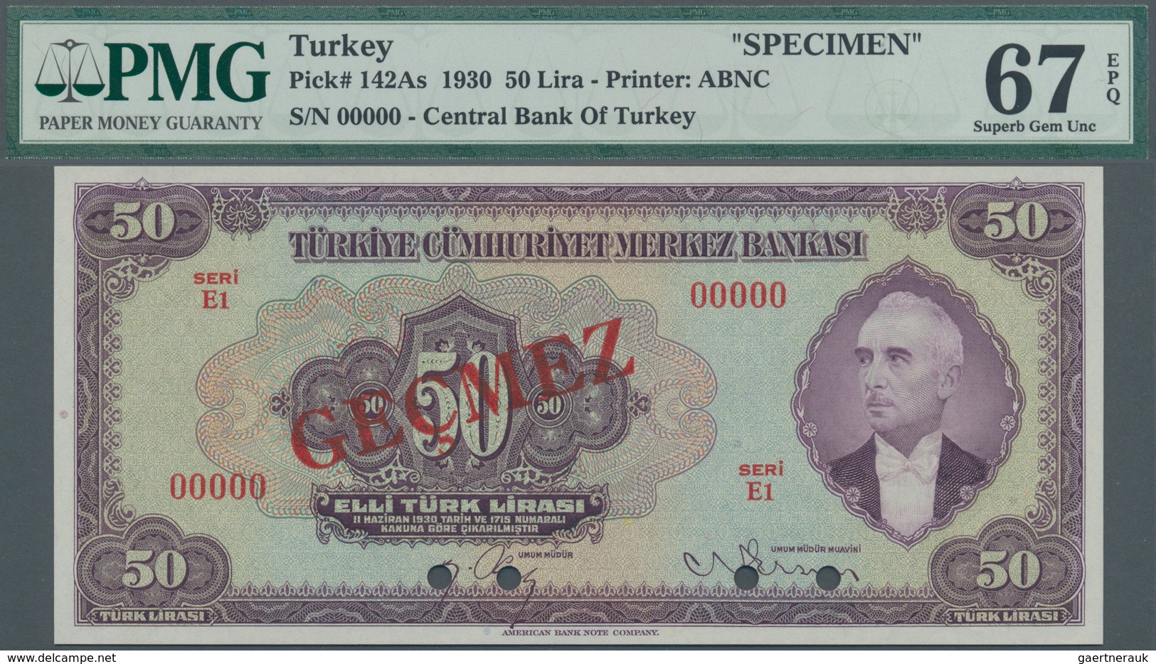 02535 Turkey / Türkei: 50 Lirasi L. 1930 (1942-1947) "?nönü" - 3rd Issue SPECIMEN, P.142As In Perfect Unci - Turchia