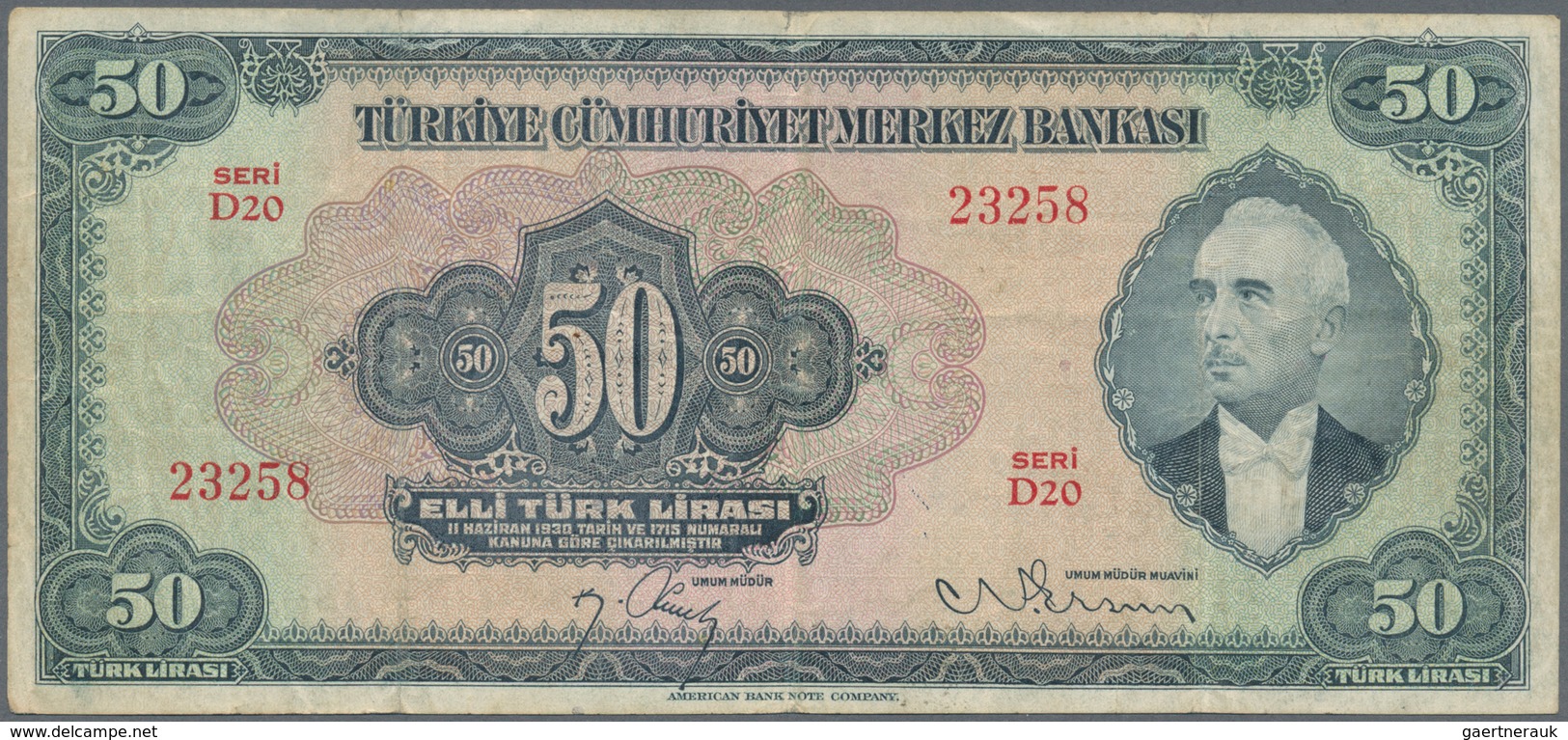 02536 Turkey / Türkei: 50 Lirasi L. 1930 (1942-1947) "?nönü" - 3rd Issue, P.143, Still A Nice Note With So - Turkije