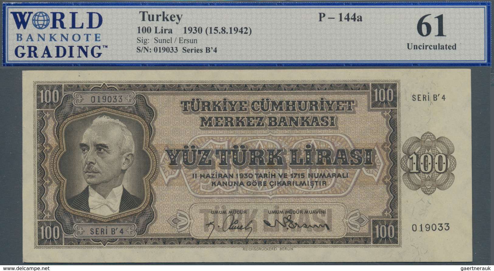 02538 Turkey / Türkei: 100 Lira L.1930 (1942), P.144a, WBG Graded 61 Uncirculated - Turchia