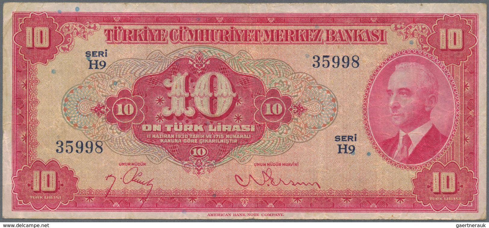 02539 Turkey / Türkei: 10 Lirasi L. 1930 (1947-1948) "?nönü" - 4th Issue, P.147, Still Nice Note With Seve - Turquia