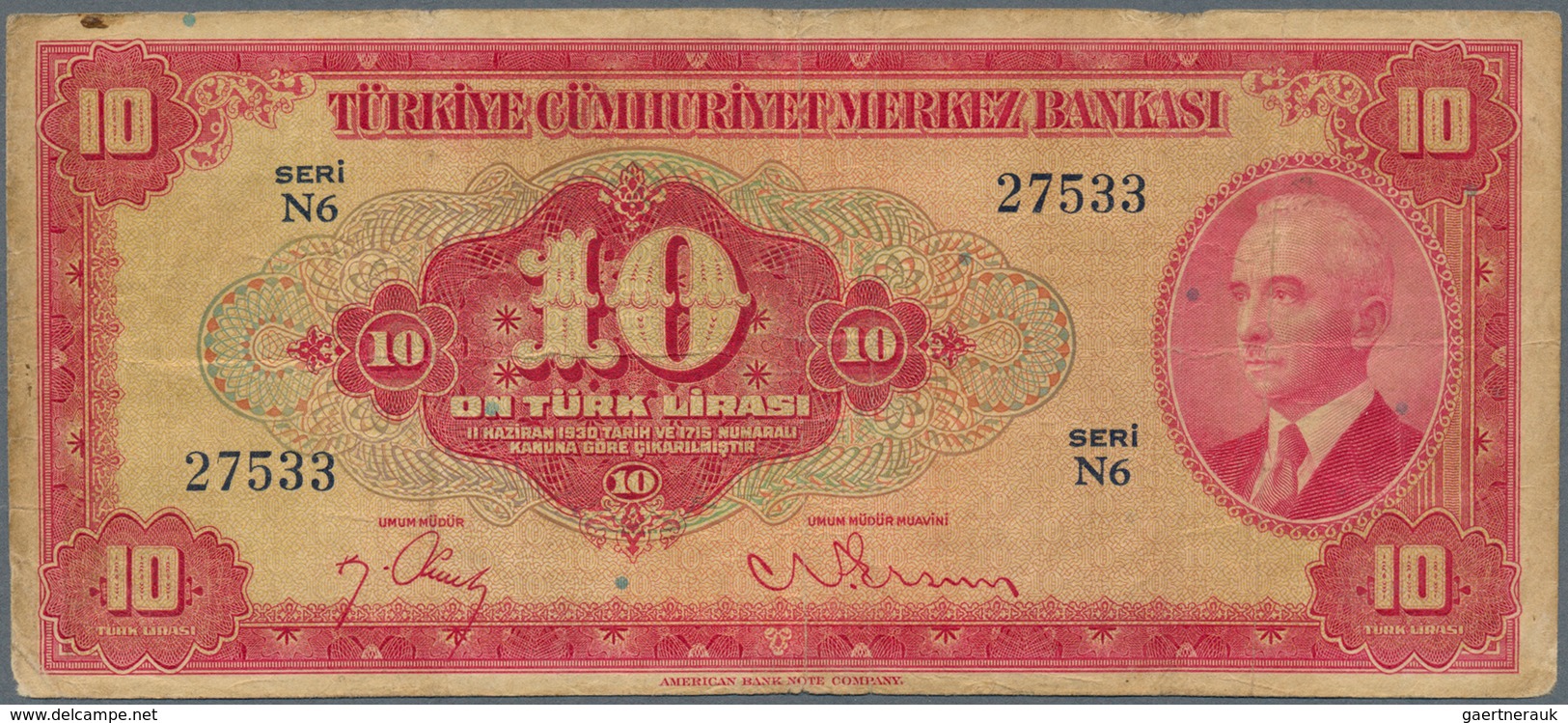 02540 Turkey / Türkei: 10 Lira L. 1930 (1947-1948) P.147, Yellowed Paper With Many Folds And Some Spots At - Turkey