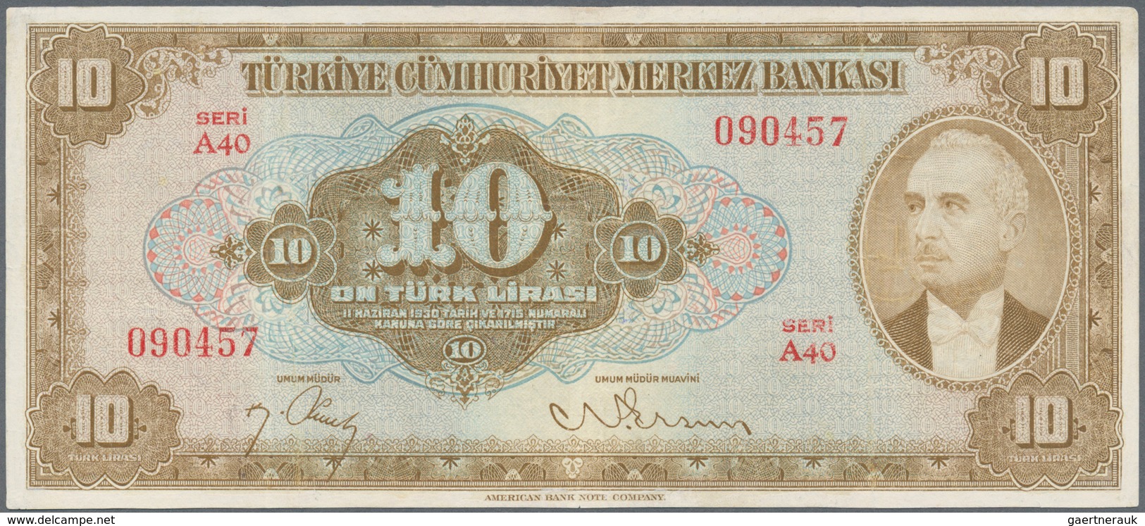 02541 Turkey / Türkei: 10 Lirasi L. 1930 (1947-1948) "?nönü" - 4th Issue, P.148, Soft Vertical Bend At Cen - Türkei