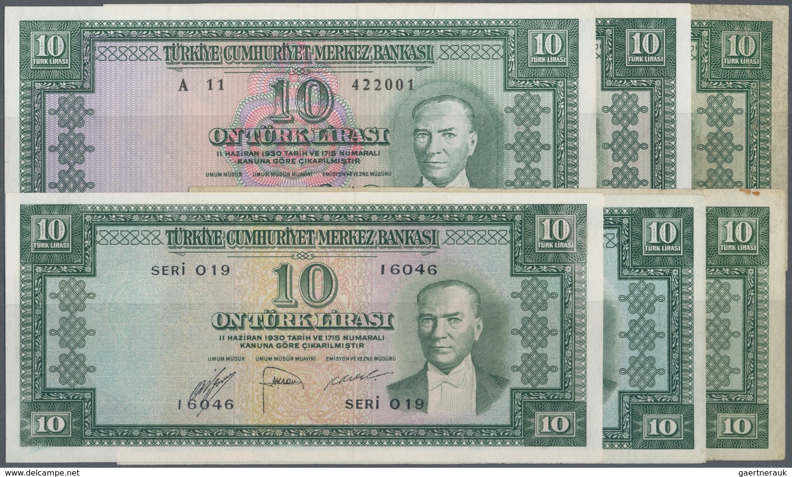 02545 Turkey / Türkei: Set With 6 Banknotes 10 Lirasi L. 1930 (1951-1961) "Atatürk" - 5th Issue P.156 (VF, - Turquia