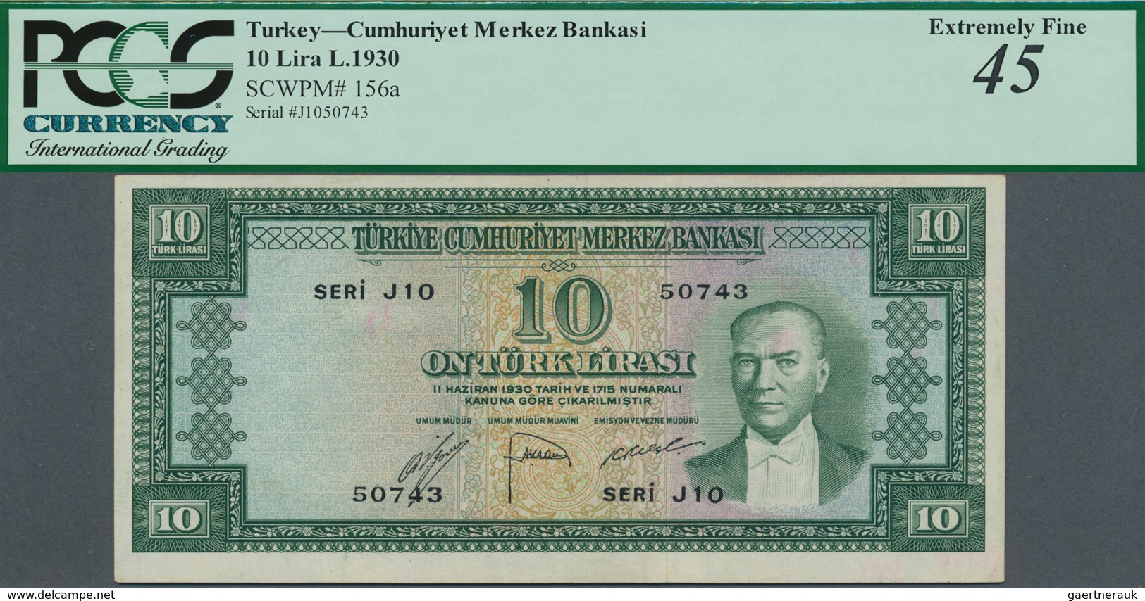 02546 Turkey / Türkei: 10 Lira L.1930 (1951-61), P.156a, Lightly Toned Paper With A Few Soft Folds, PCGS G - Turchia