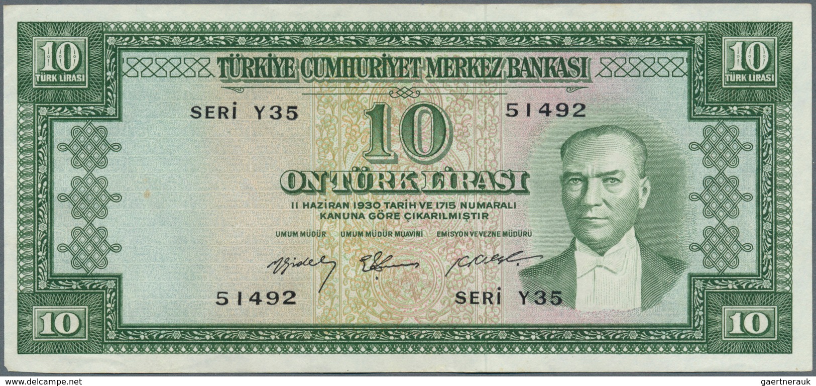 02547 Turkey / Türkei: 10 Lira L. 1930 (1951-1965), P.158, Highly Rare Note With A Soft Vertical Bend At C - Turchia