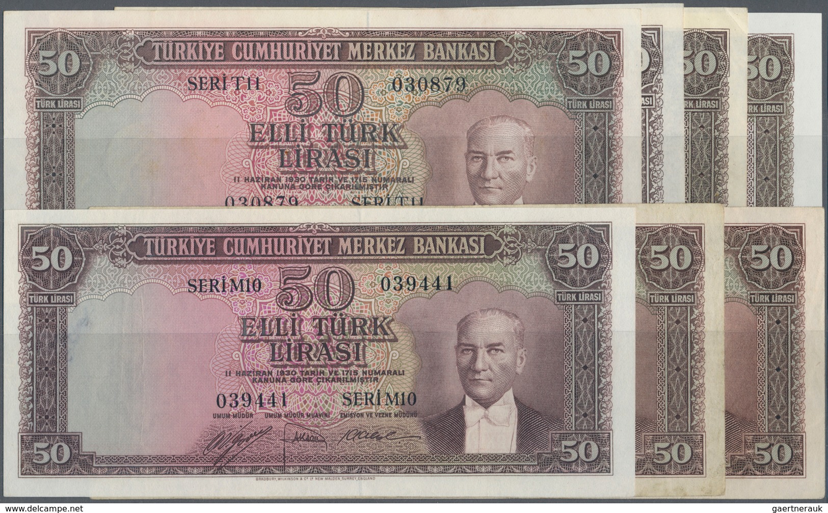 02549 Turkey / Türkei: Set With 7 Banknotes 50 Lirasi L. 1930 (1951-1961) "Atatürk" - 5th Issue With P.162 - Turquia