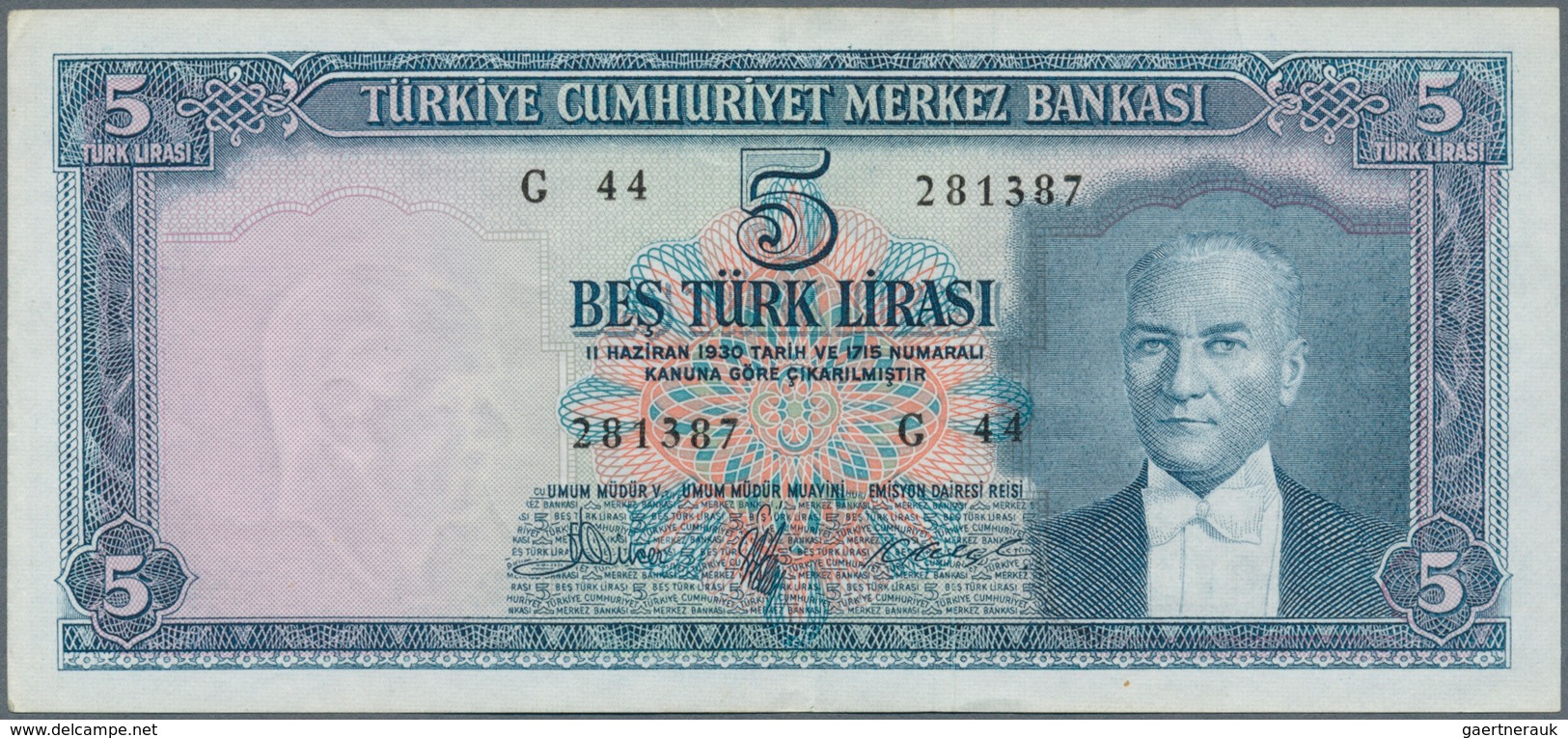 02553 Turkey / Türkei: 5 Lira L.1930 (1951-65), P.173, Vertically Folded, Some Other Minor Creases And A F - Turchia