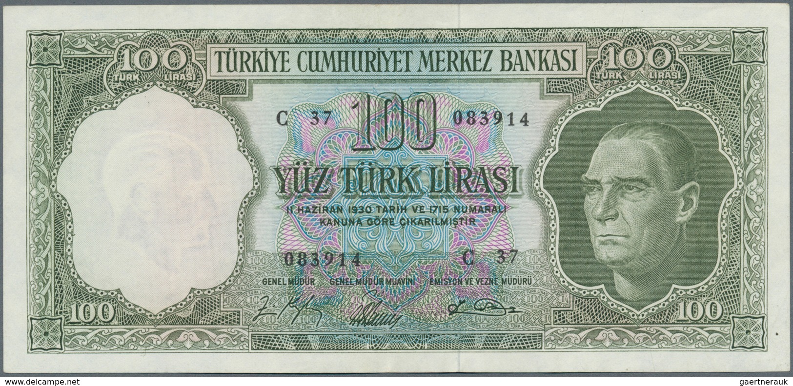 02555 Turkey / Türkei: 100 Lira L. 1930 (1951-1965), P.177 With A Soft Vertical Fold At Center And A Few O - Turquia