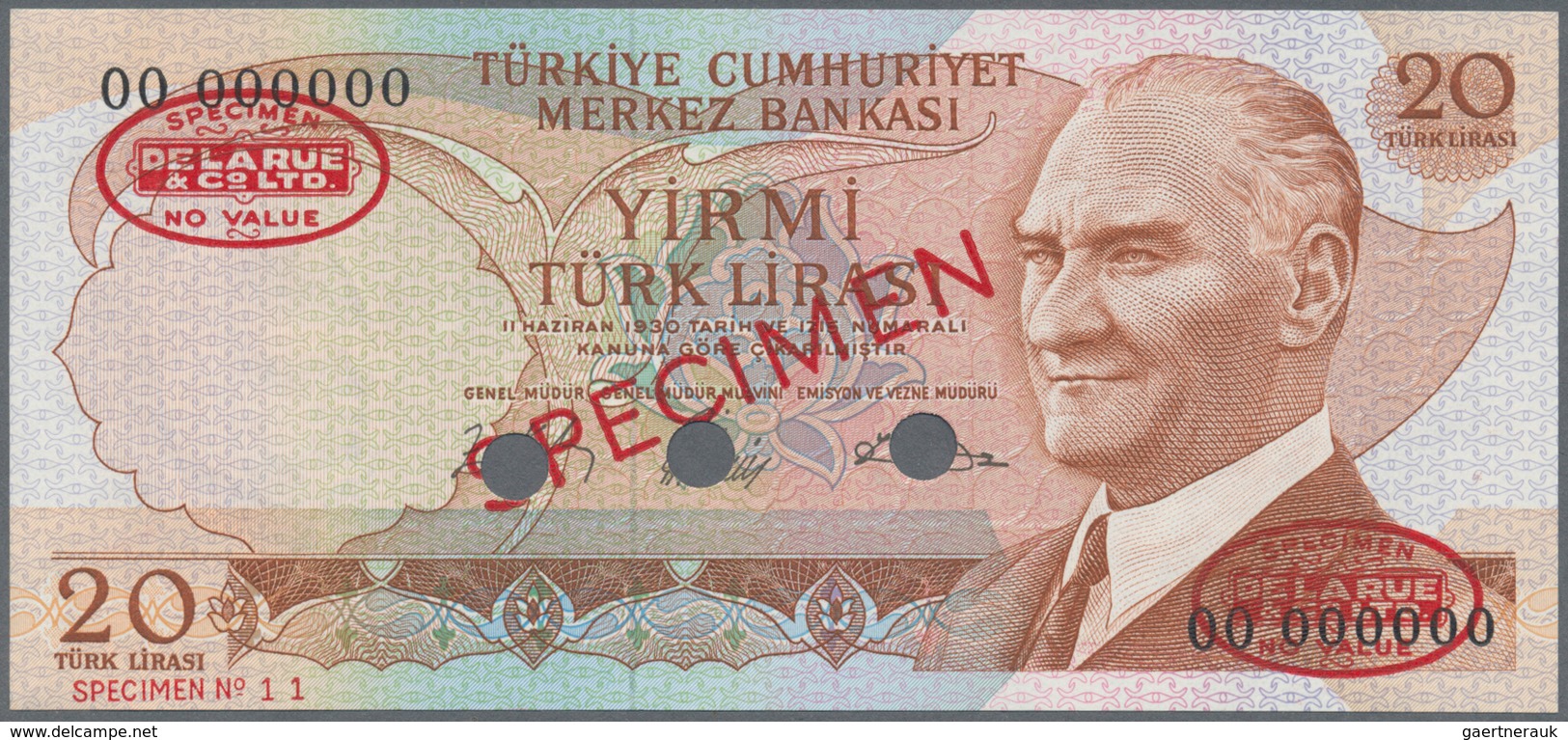 02557 Turkey / Türkei: 20 Lirasi L. 1930 (1966-1969) "Atatürk" - 5th & 6th Issue De La Rue SPECIMEN, P.181 - Turkije