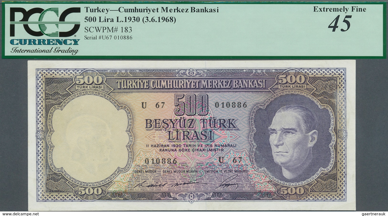 02558 Turkey / Türkei: 500 Lira L.1930 (3.6.1968), P.183 With A Few Minor Spots At Right Border And Tiny F - Turquia