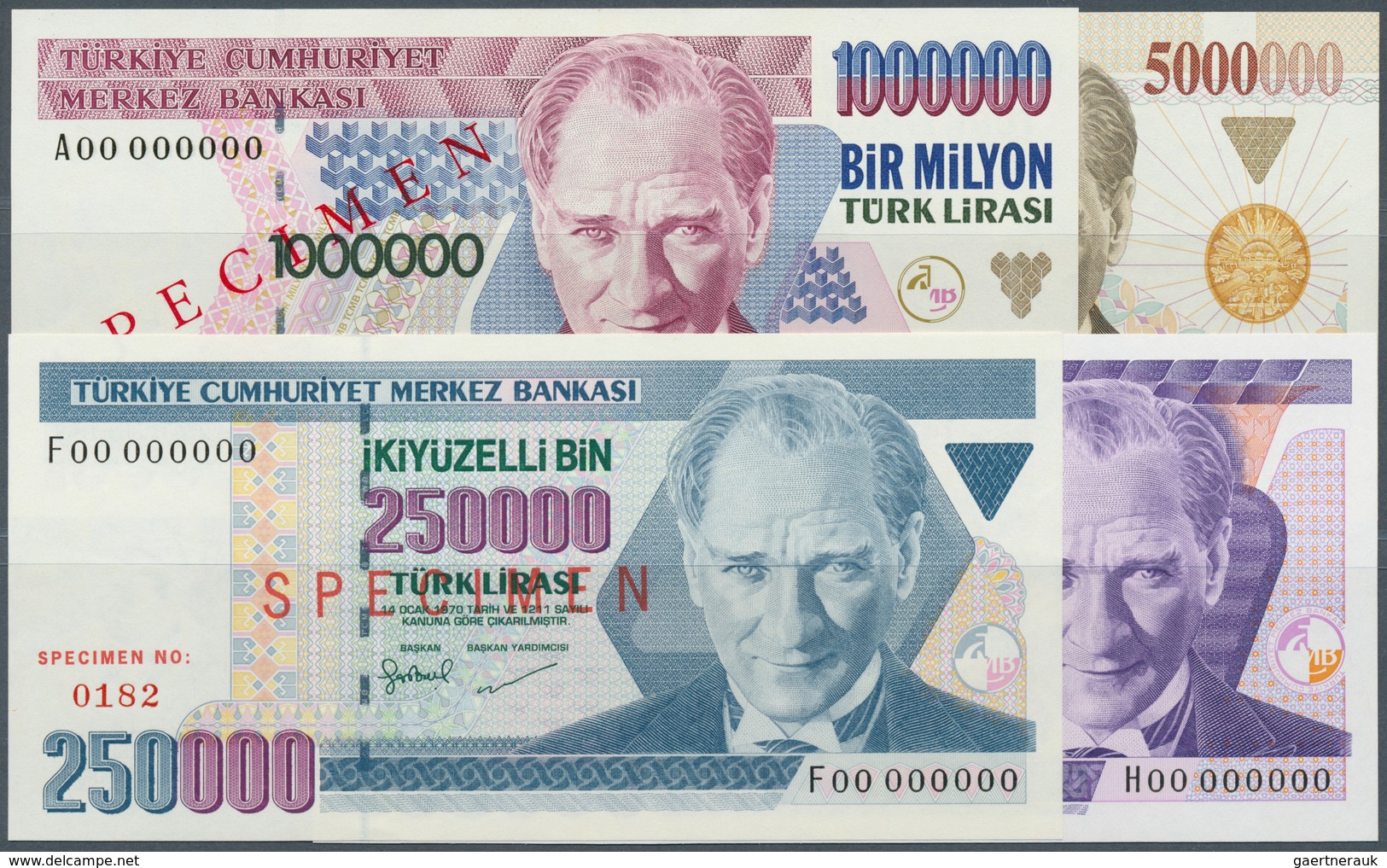 02560 Turkey / Türkei: Set Of 4 Specimen Banknotes Containing 250.000, 500.000, 1.000.000 And 5.000.000 Li - Turquia