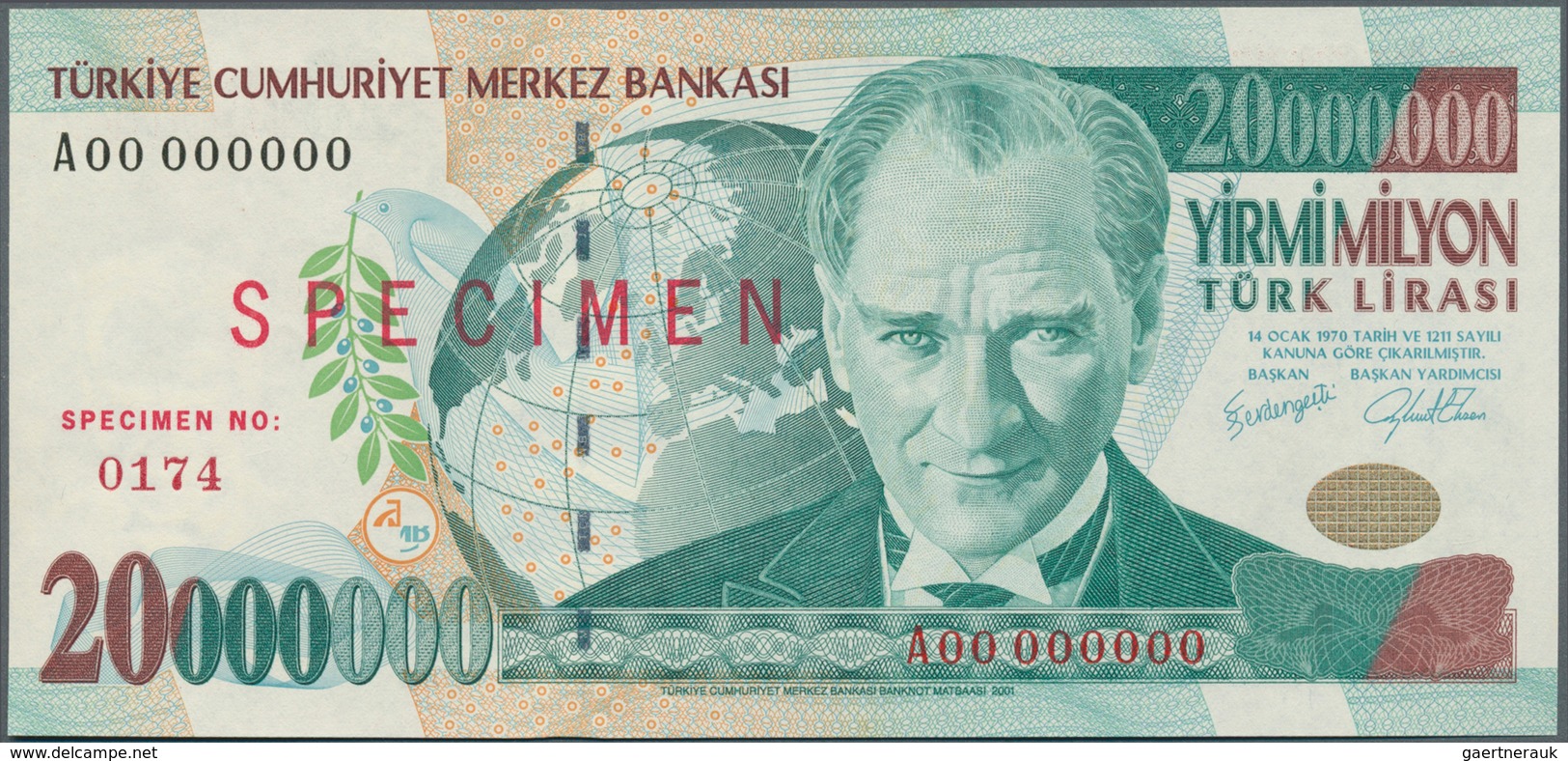 02561 Turkey / Türkei: 20.000.000 Lira ND(1984-2002) Specimen P. 215s In Condition: UNC. - Turchia