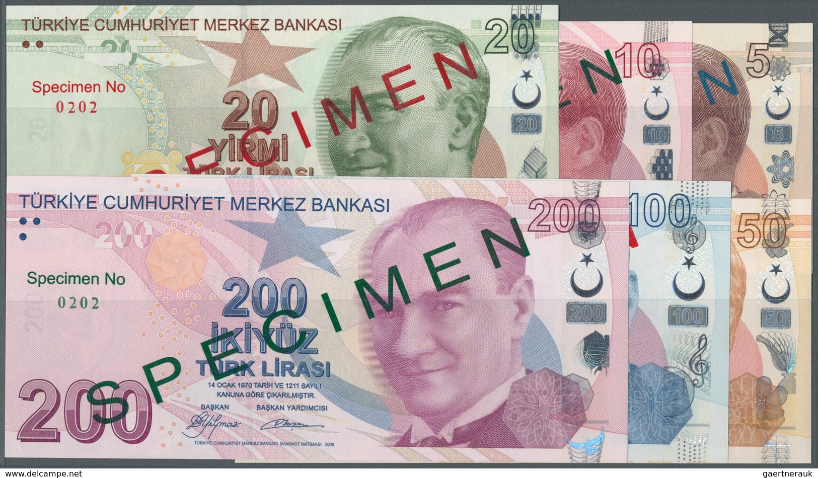 02563 Turkey / Türkei: Set Of Series 6 Specimen Banknotes 5 To 200 Lira 2009 P. 222s-227s, All In Conditio - Turquia