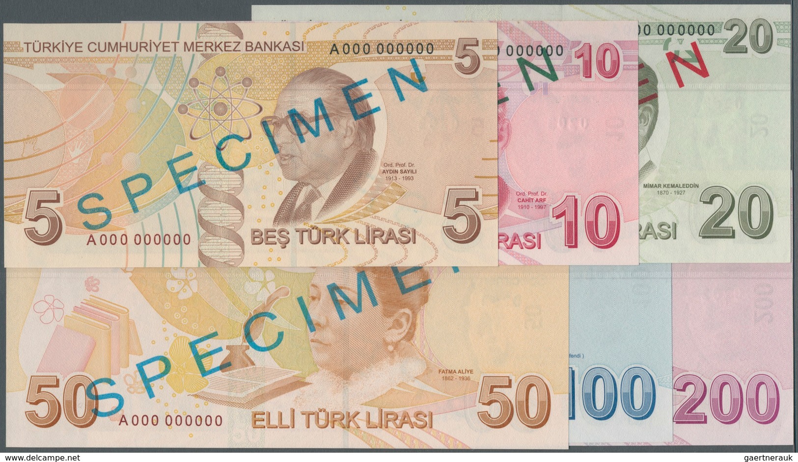 02563 Turkey / Türkei: Set Of Series 6 Specimen Banknotes 5 To 200 Lira 2009 P. 222s-227s, All In Conditio - Turquia