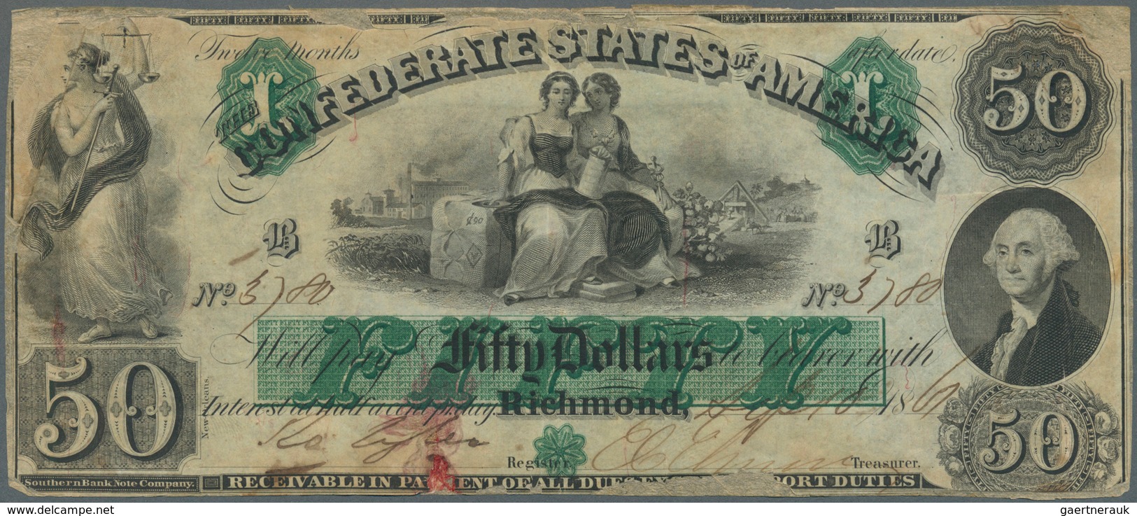 02575 United States Of America - Confederate States: 50 Dollars Richmond 1861, P.5, Highly Rare Banknote I - Confederate Currency (1861-1864)