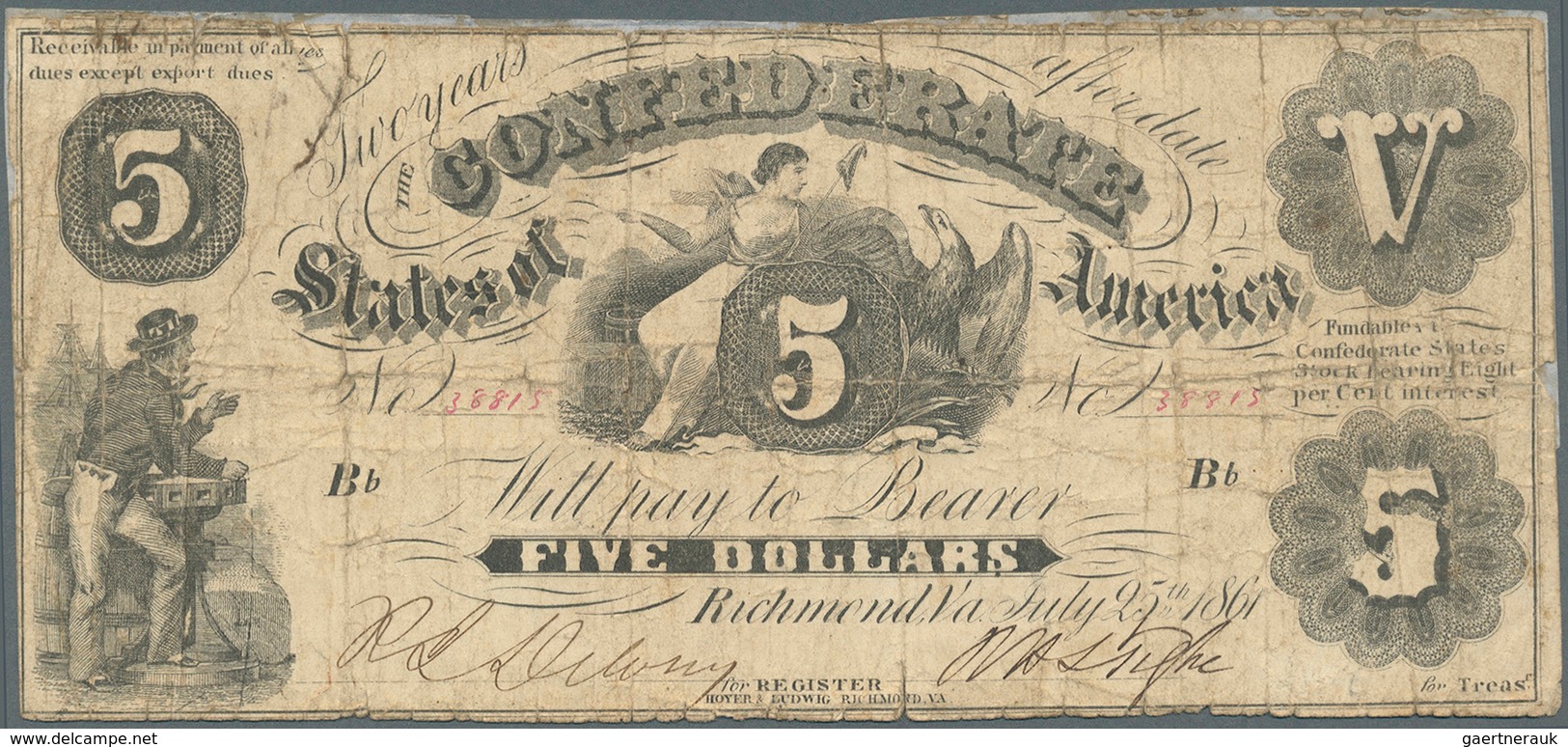 02576 United States Of America - Confederate States: 5 Dollars 1861, P.8 In Heavily Used Condition With Re - Valuta Della Confederazione (1861-1864)