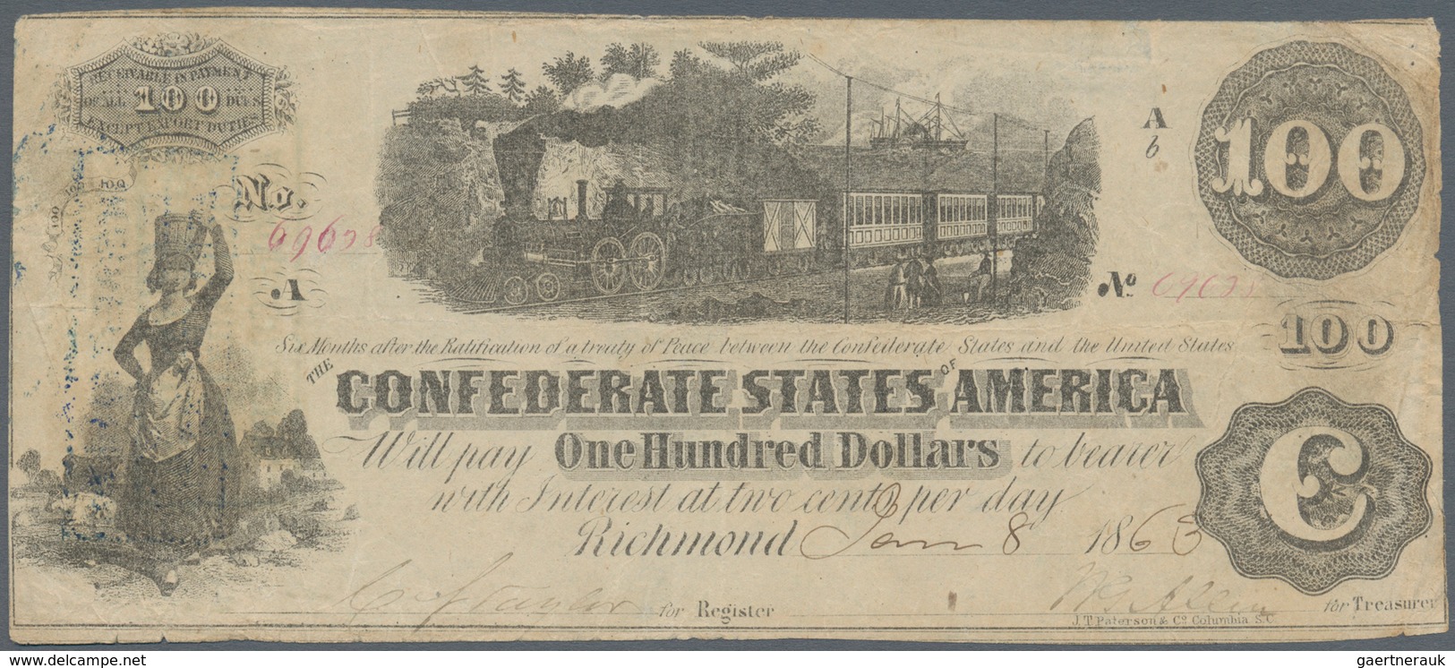 02577 United States Of America - Confederate States: 100 Dollars 1863 P. 43b, Folds And Creases Inpaper, O - Valuta Della Confederazione (1861-1864)