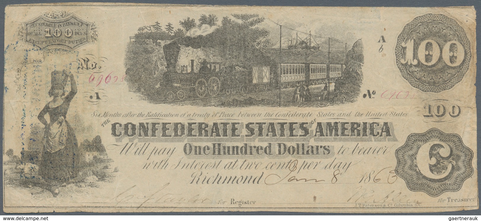 02577 United States Of America - Confederate States: 100 Dollars 1863 P. 43b, Folds And Creases Inpaper, O - Divisa Confederada (1861-1864)