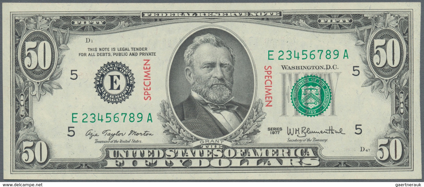 02588 United States Of America: 50 Dollars 1977 SPECIMEN P. 466s With Specimen Overprint And Specimen Seri - Altri & Non Classificati