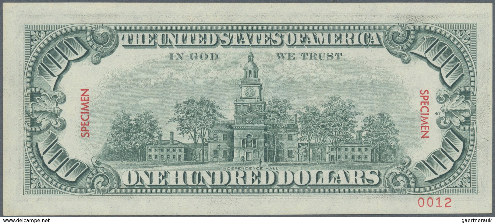 02589 United States Of America: 100 Dollars 1977 SPECIMEN P. 467s With Specimen Overprint And Specimen Ser - Otros & Sin Clasificación
