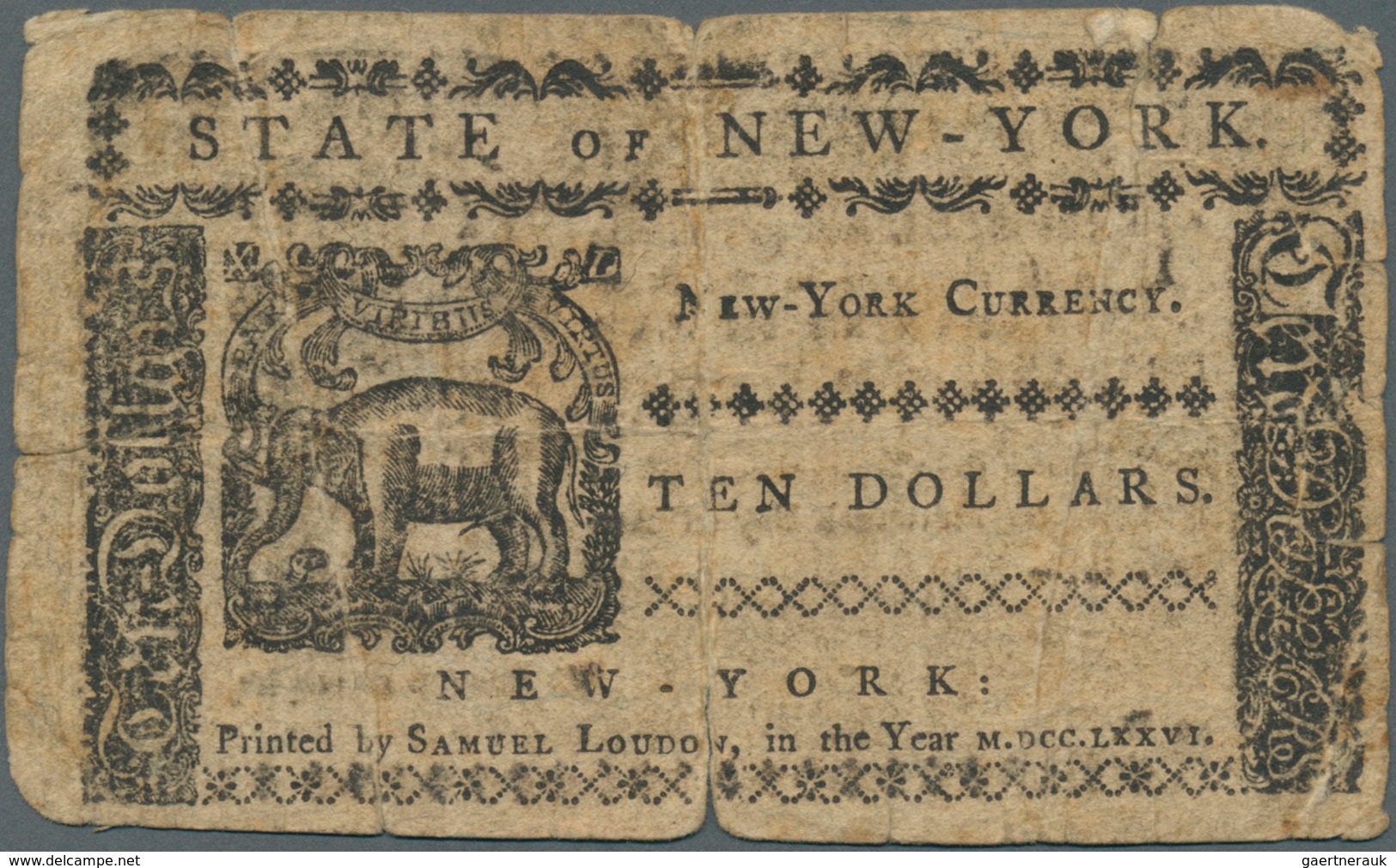 02593 United States Of America: 10 Dollars State Of New York August 13th 1776, P.S2058, Highly Rare Note I - Altri & Non Classificati