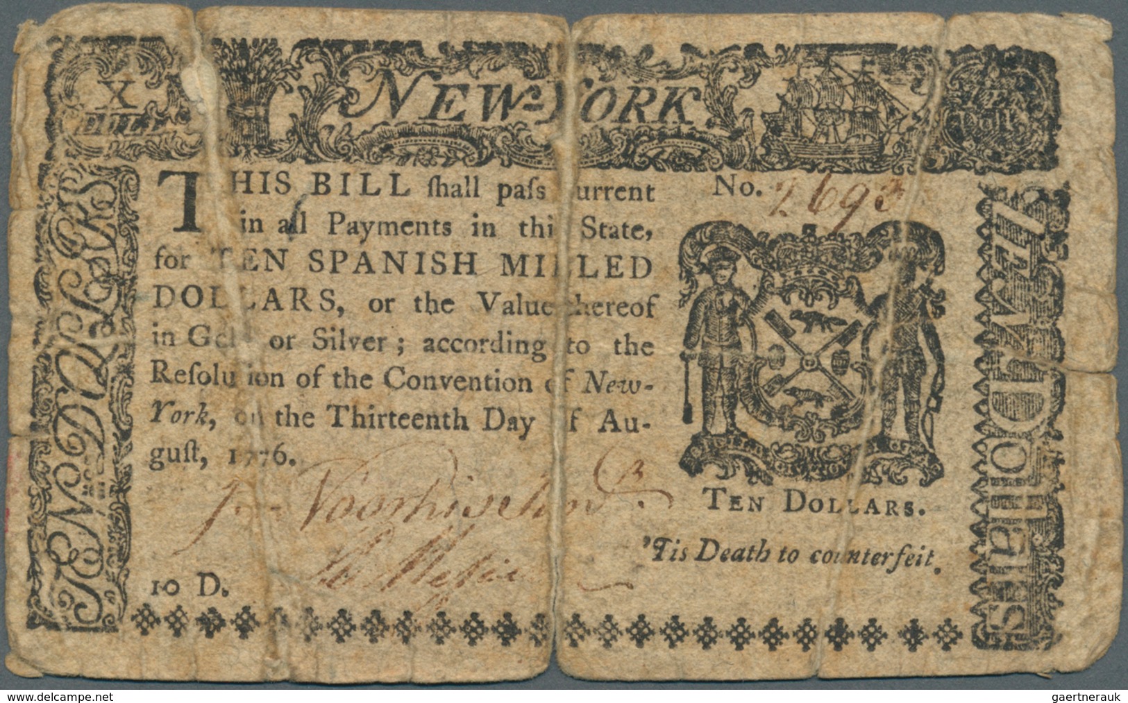 02593 United States Of America: 10 Dollars State Of New York August 13th 1776, P.S2058, Highly Rare Note I - Other & Unclassified