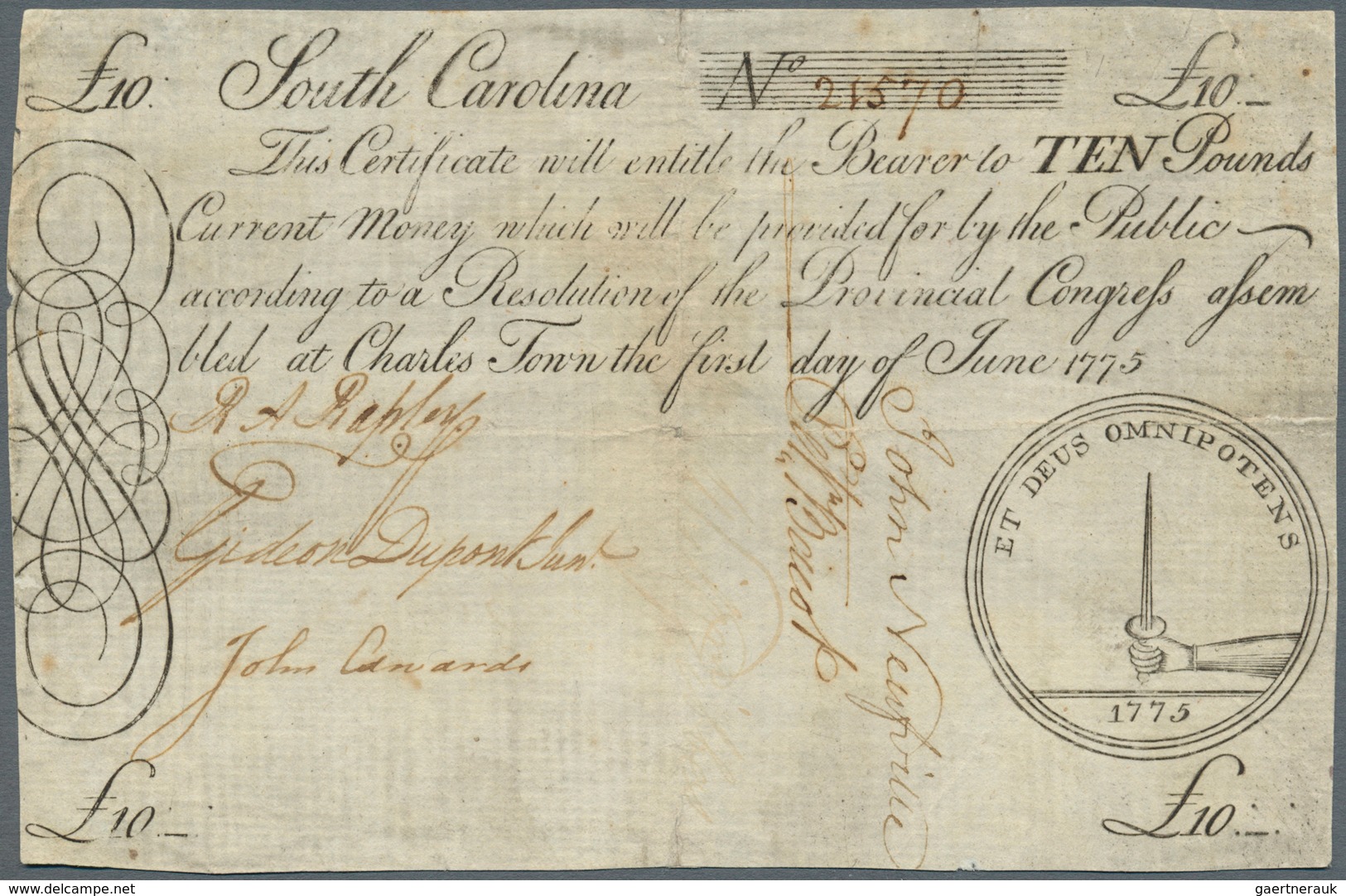 02595 United States Of America: Colonial Currency, South Carolina 10 Pounds June 1st 1775 P. NL, Fr. #SC99 - Altri & Non Classificati