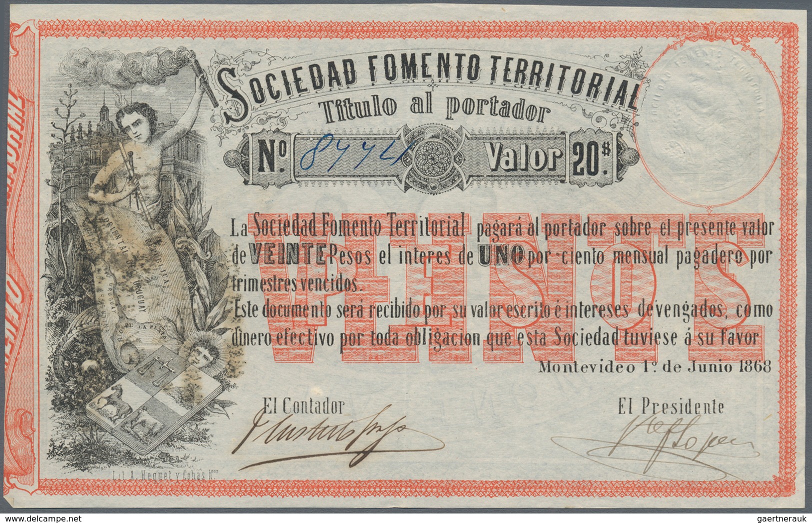 02596 Uruguay: Sociedad Fomento Territorial 20 Pesos 1868, P.S482 In VF+ - Uruguay