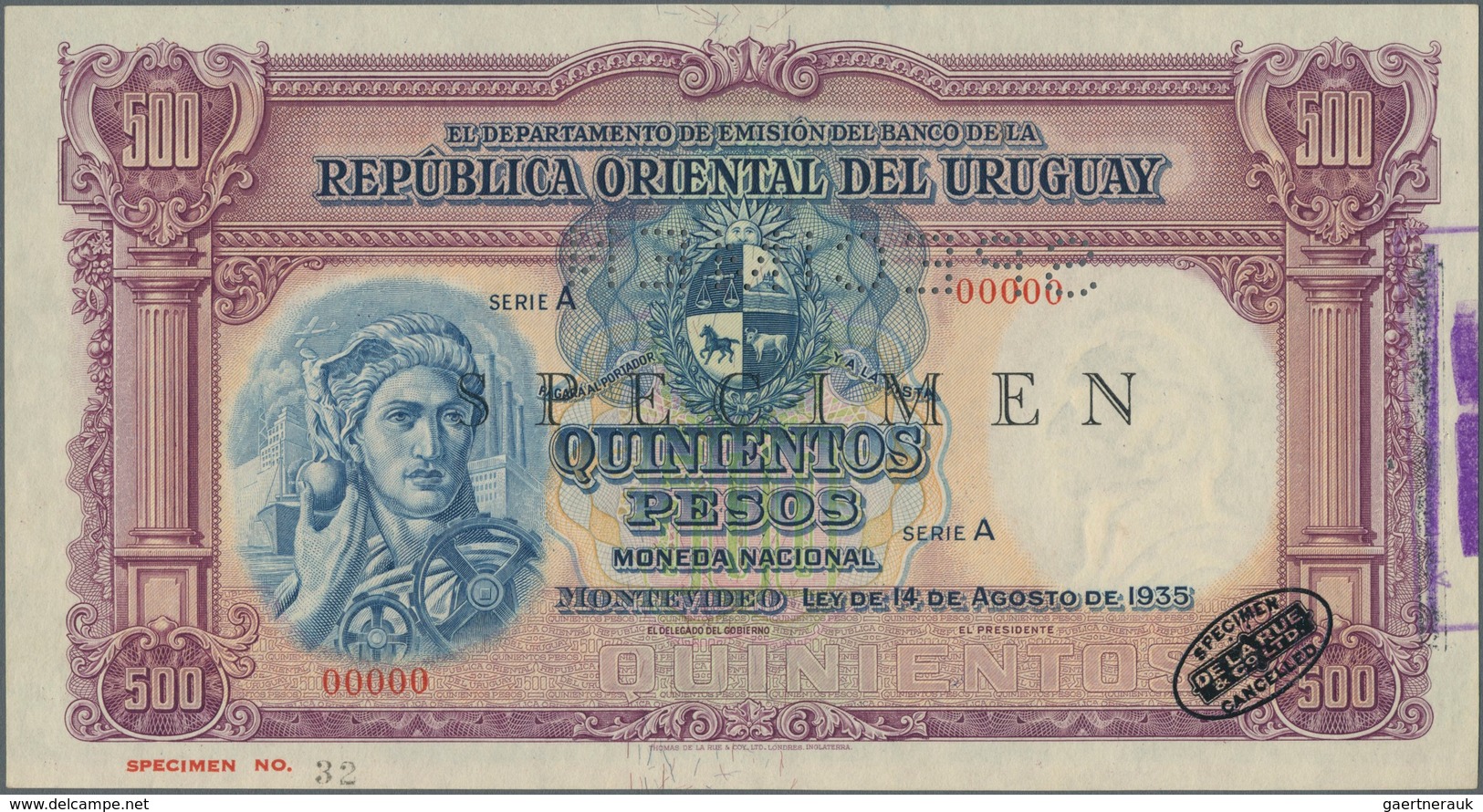 02597 Uruguay: 500 Pesos 1935 Specimen P. 32s With Specimen Perforation, Zero Serial Numbers, In Condition - Uruguay