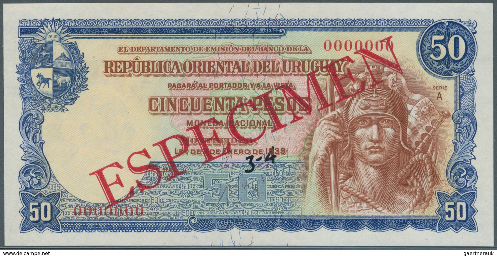 02599 Uruguay: 50 Pesos 1939 Specimen P. 38s, Zero Serial Numbers, Red Specimen Overprint, Light Handling - Uruguay