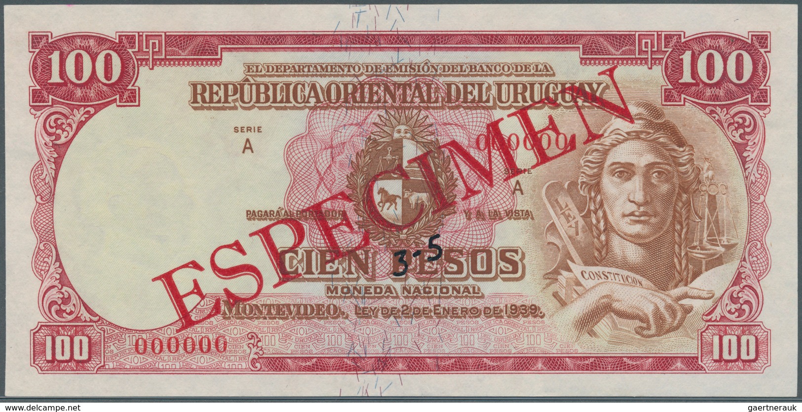 02600 Uruguay: 100 Pesos 1939 Specimen P. 39s, Zero Serial Numbers, Red Specimen Overprint, Light Handling - Uruguay