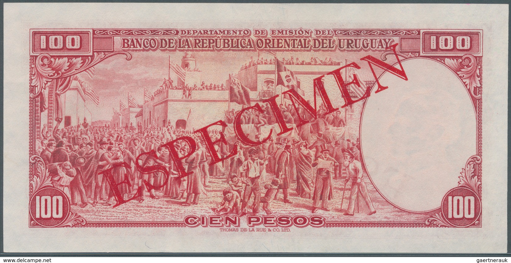 02600 Uruguay: 100 Pesos 1939 Specimen P. 39s, Zero Serial Numbers, Red Specimen Overprint, Light Handling - Uruguay