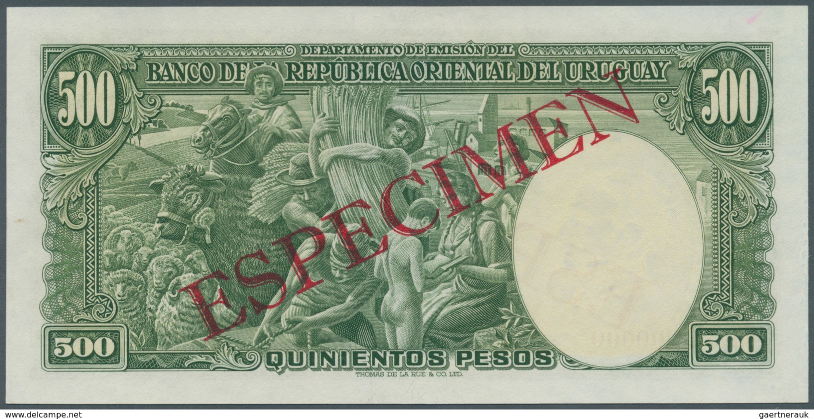 02601 Uruguay: 500 Pesos 1939 Specimen P. 40s, Zero Serial Numbers, Red Specimen Overprint, Light Handling - Uruguay