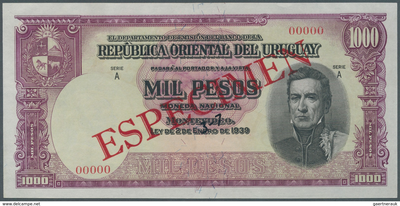 02602 Uruguay: 1000 Pesos 1939 Specimen P. 41s, Zero Serial Numbers, Red Specimen Overprint, Light Handlin - Uruguay