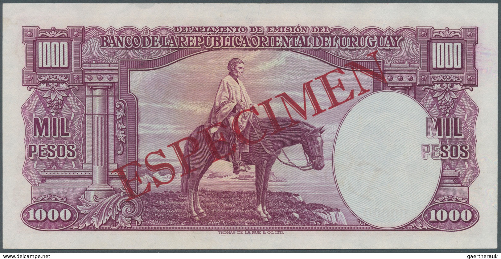 02602 Uruguay: 1000 Pesos 1939 Specimen P. 41s, Zero Serial Numbers, Red Specimen Overprint, Light Handlin - Uruguay